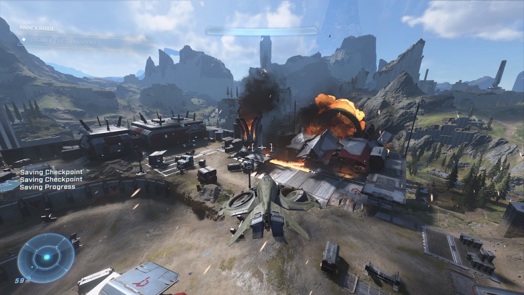 An image depicting an aerial attack of a Banished structure with an UNSC WASP.