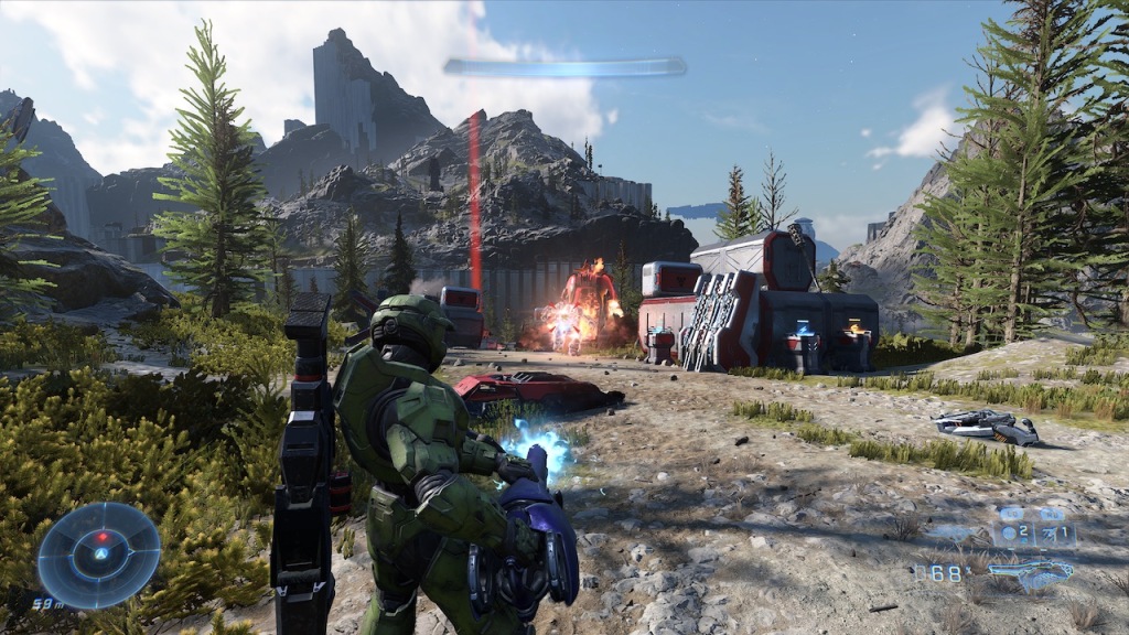 An image depicting Master Chief with an alien plasma turret in his hands firing at a Banished brute emerging from a drop pod.