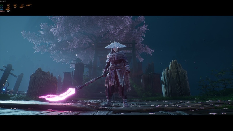 Introduction of a Japanese-inspired Samurai like boss with a long stick that has a pink glowing blade on one end.