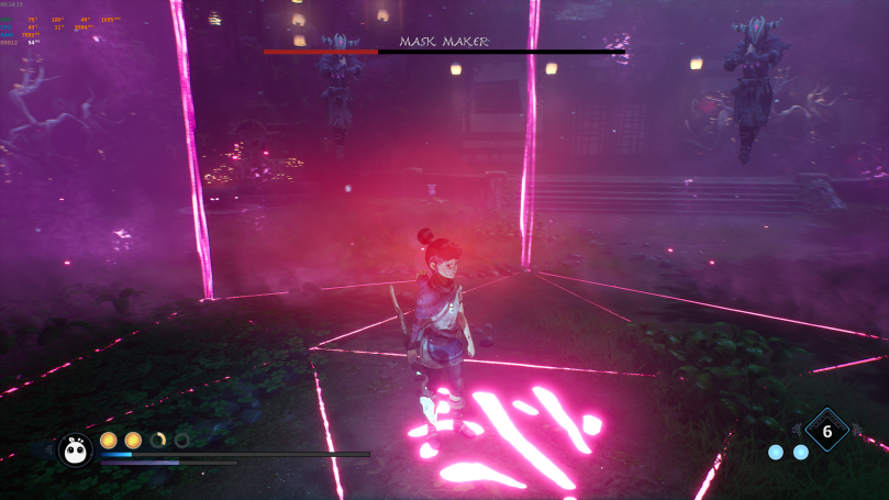 A screenshot of Kena Bridge of Spirits showing Kena in a boss-fight with the Mask Maker.